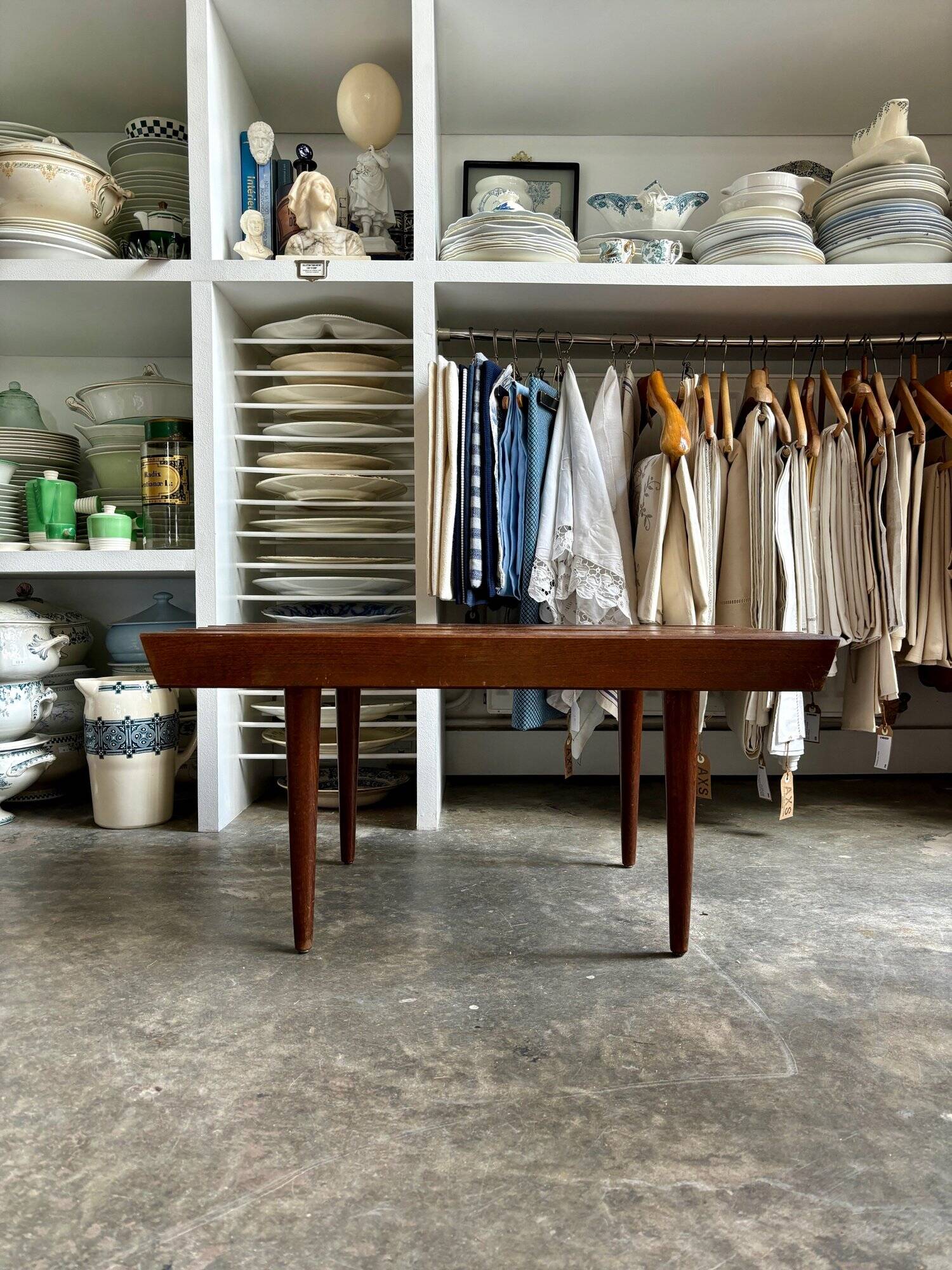 Coffee table, bench in dark laminated wood
