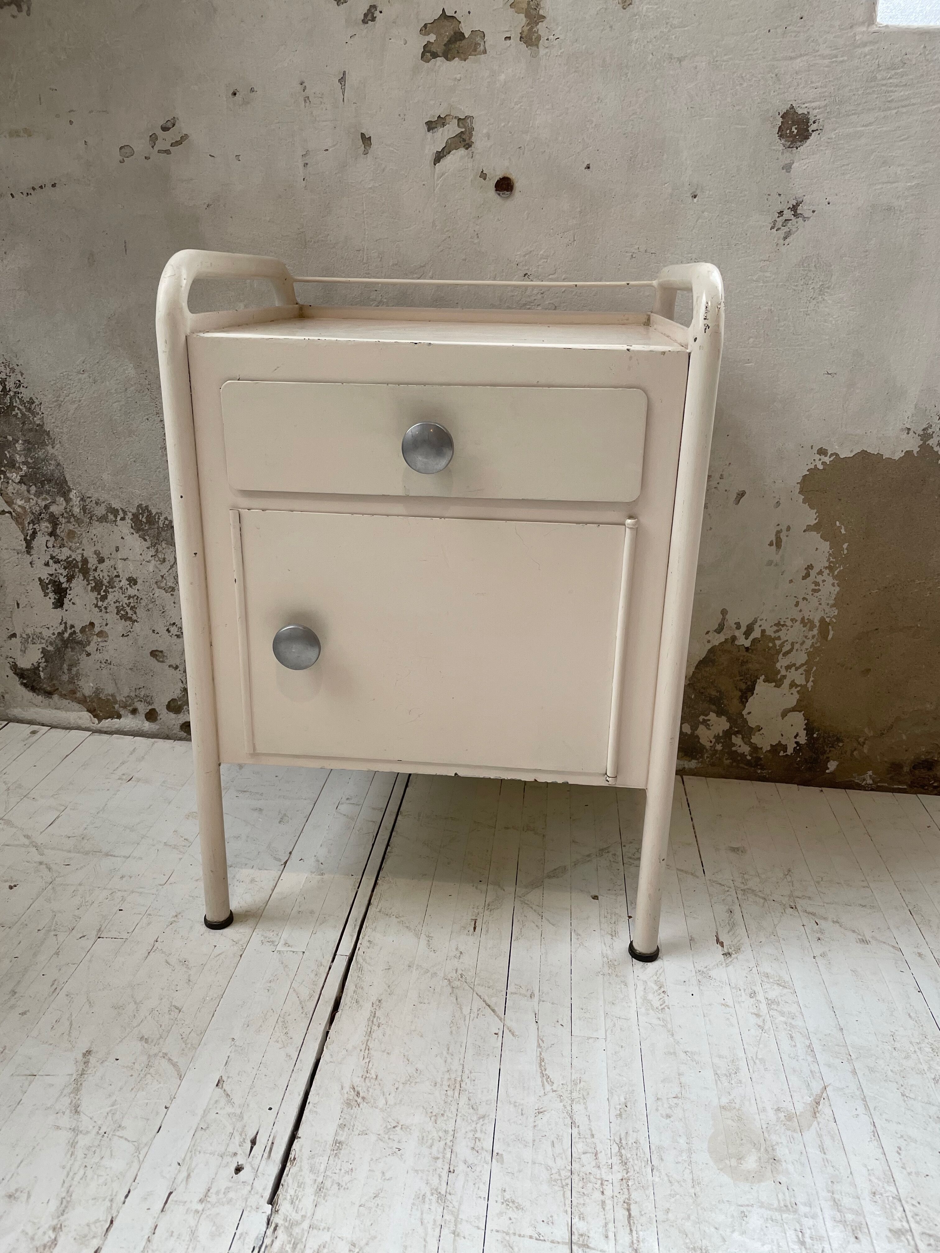 Industrial white metal bedside