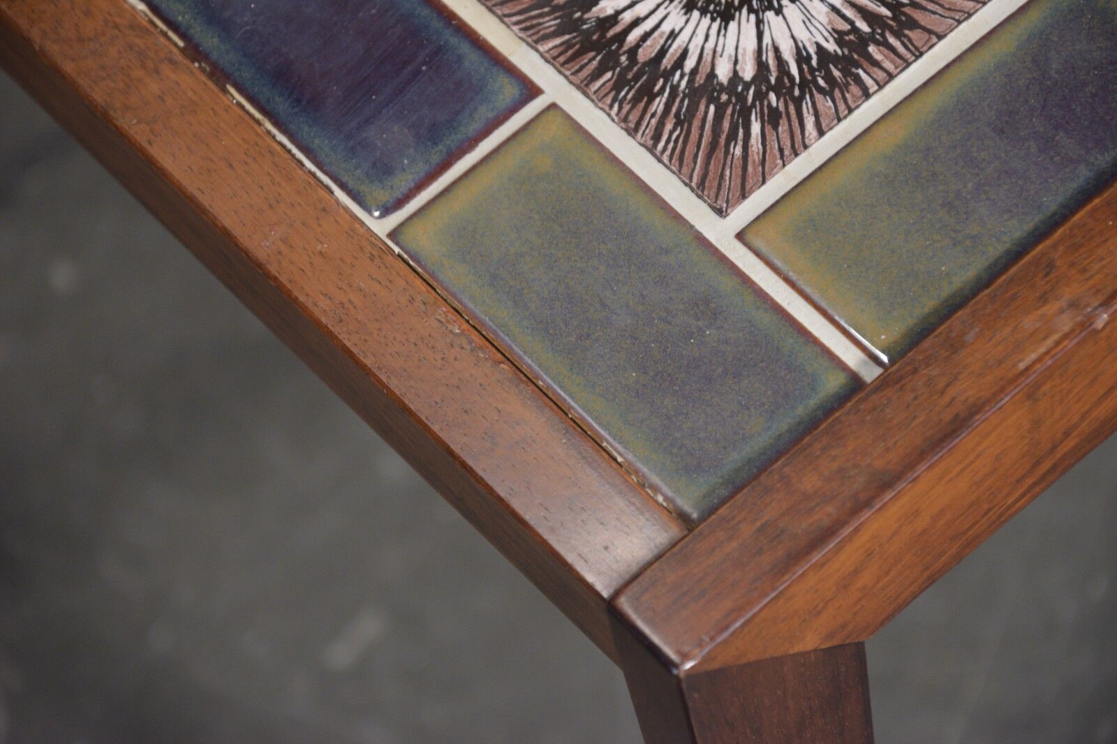 Pair of rosewood lamp tables, inlaid with coloured tiles