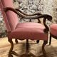 Armchair Voltaire or shepherdess and foot rest in pink velvet Louis XVI