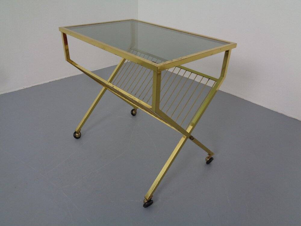 French brass and glass cart with magazine rack, 1960s
