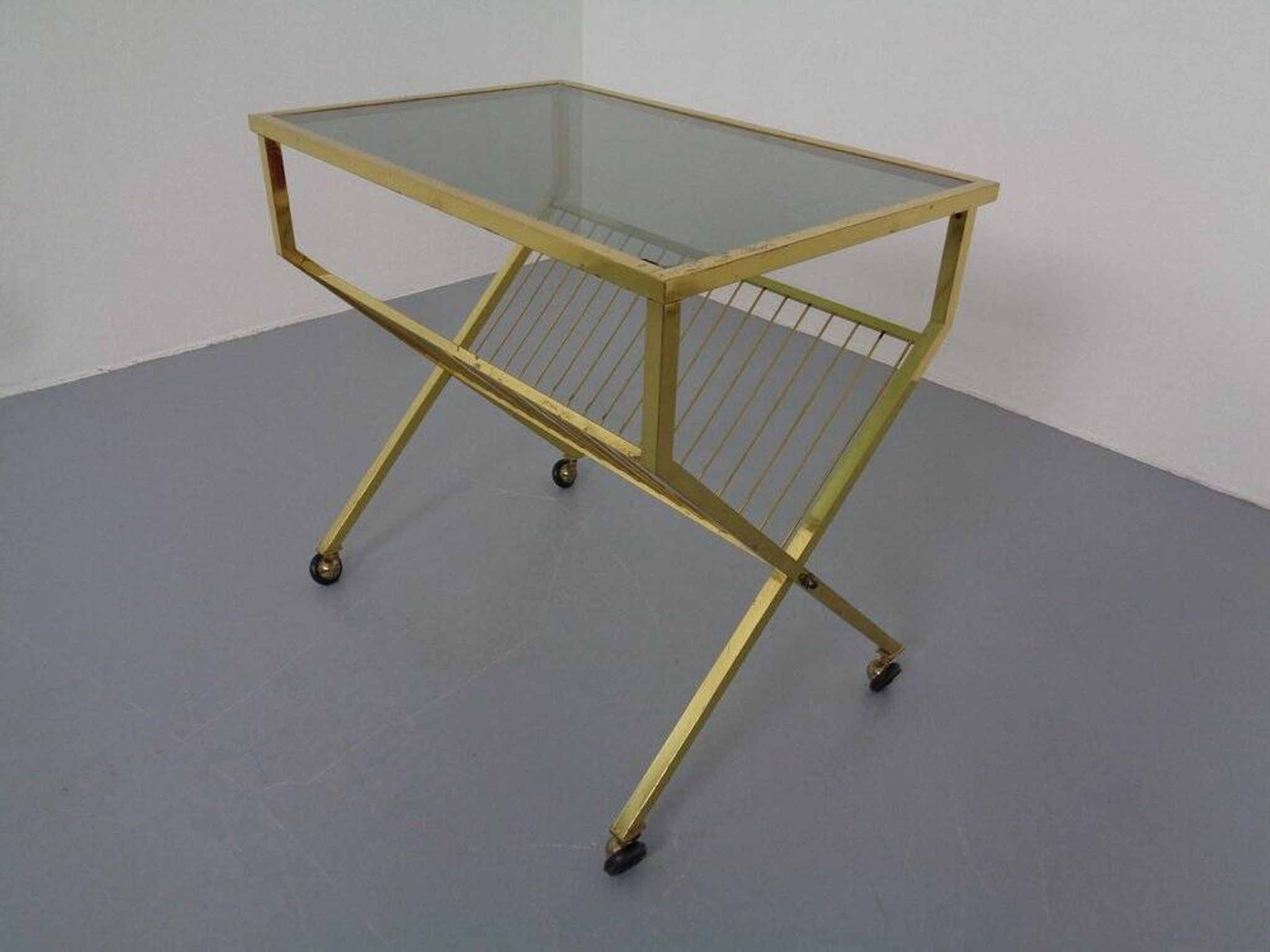French brass and glass cart with magazine rack, 1960s