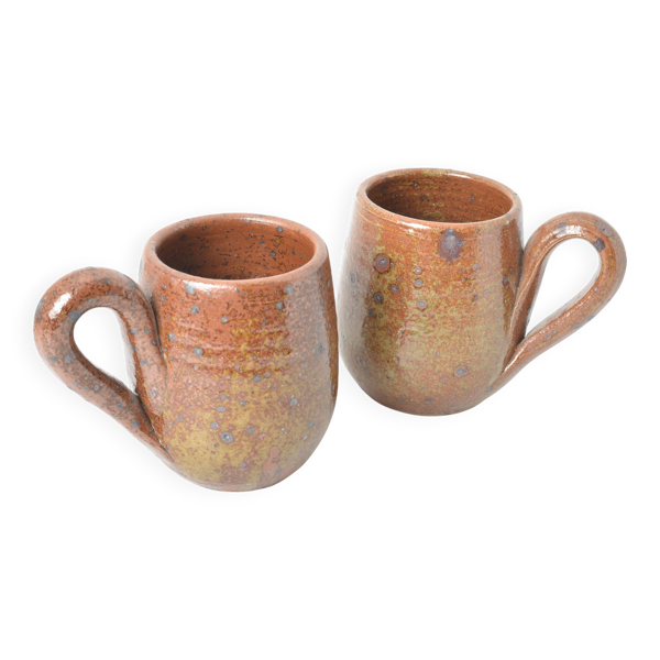 Paire de tasses en grès – Céramique artisanale vintage – Tons brun moucheté