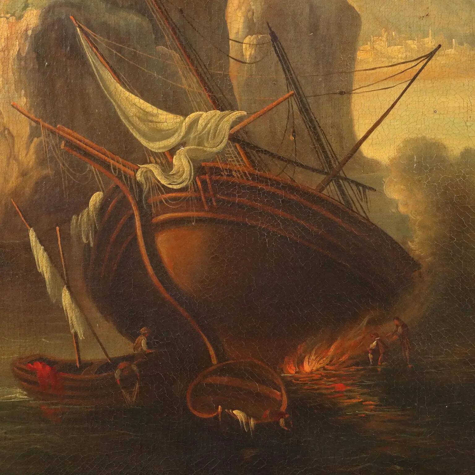 Peinture ancienne paysage avec bateau, huile sur toile, Italie, XXe siècle