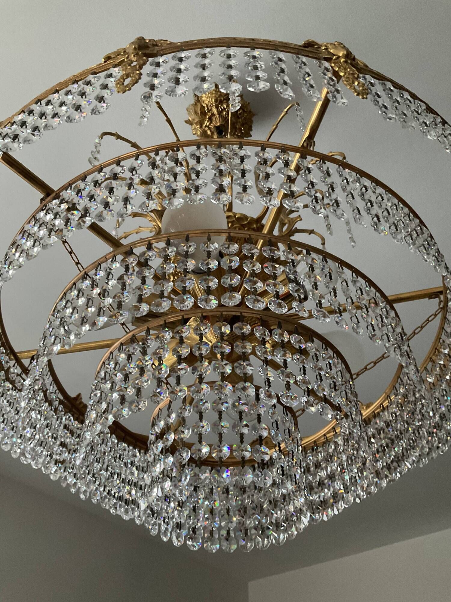 Old bronze waterfall chandelier with crystal tassels