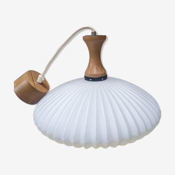 Vintage opaline pleated and wood pendant lamp