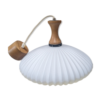 Vintage opaline pleated and wood pendant lamp