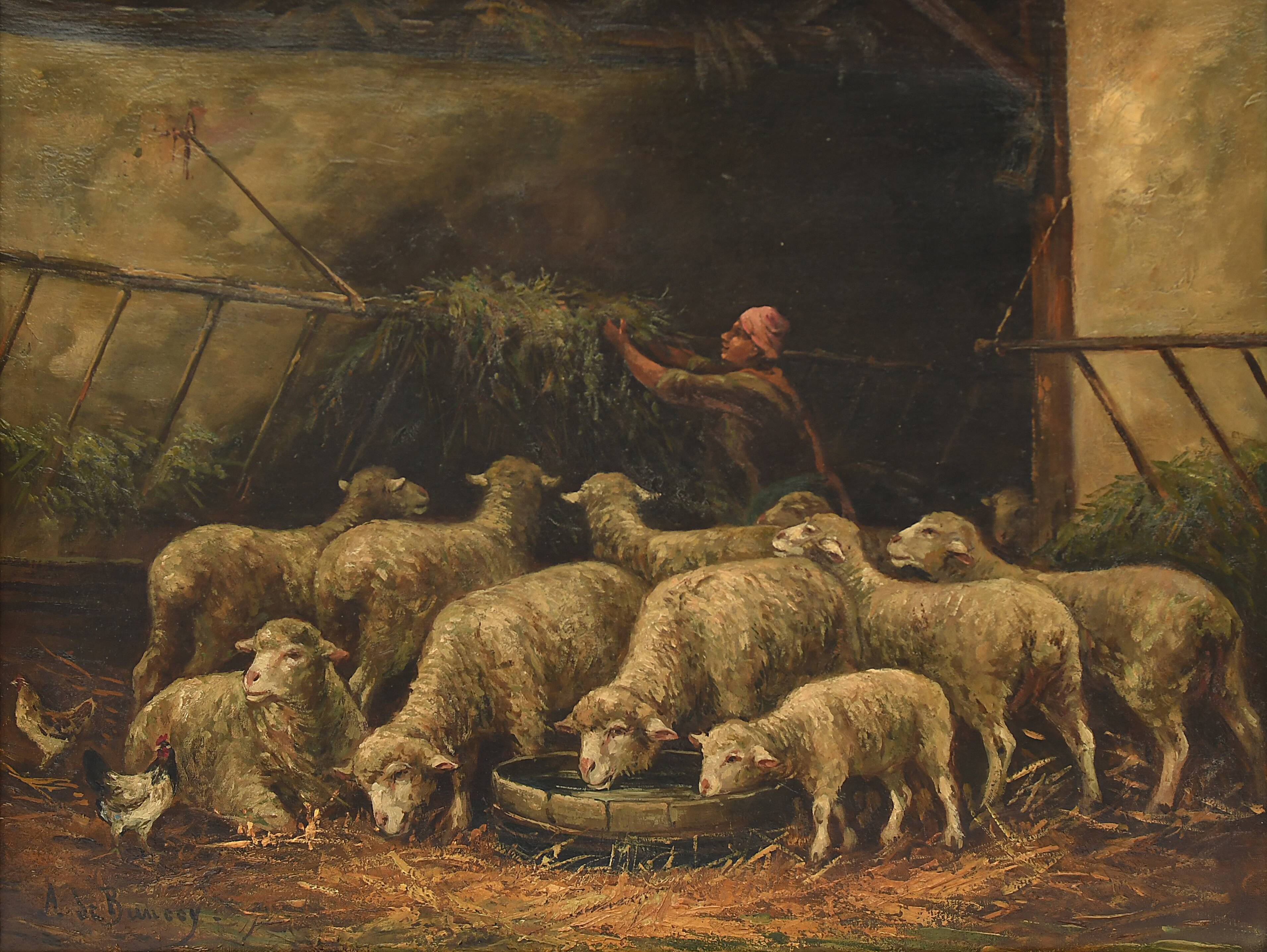 Huile sur toile Bergère et ses moutons