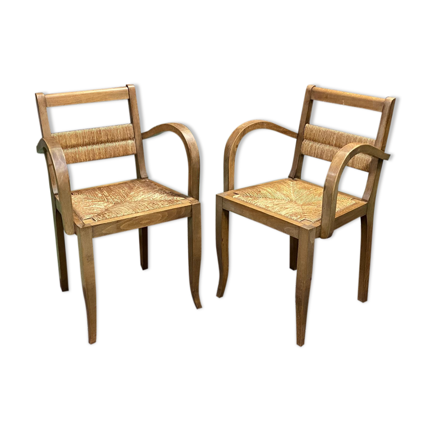 Pair of beech and straw armchairs