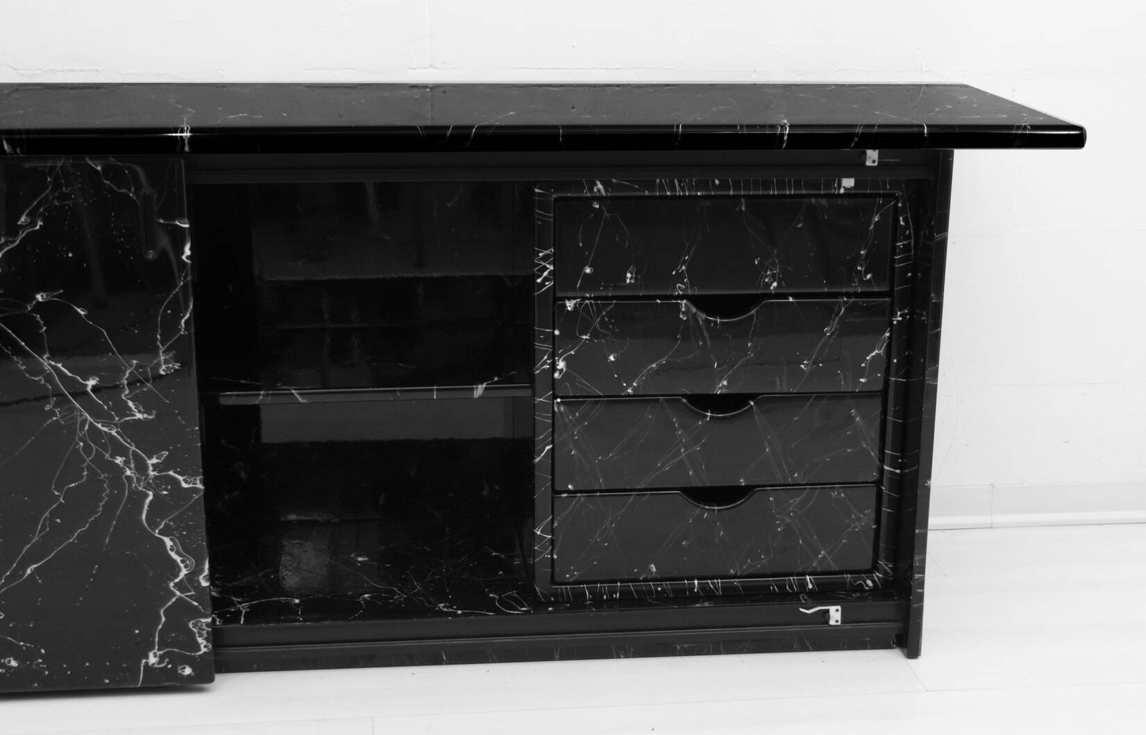 Marquina Black Marble lacquer Italian Post Modern Sideboard, 1980s