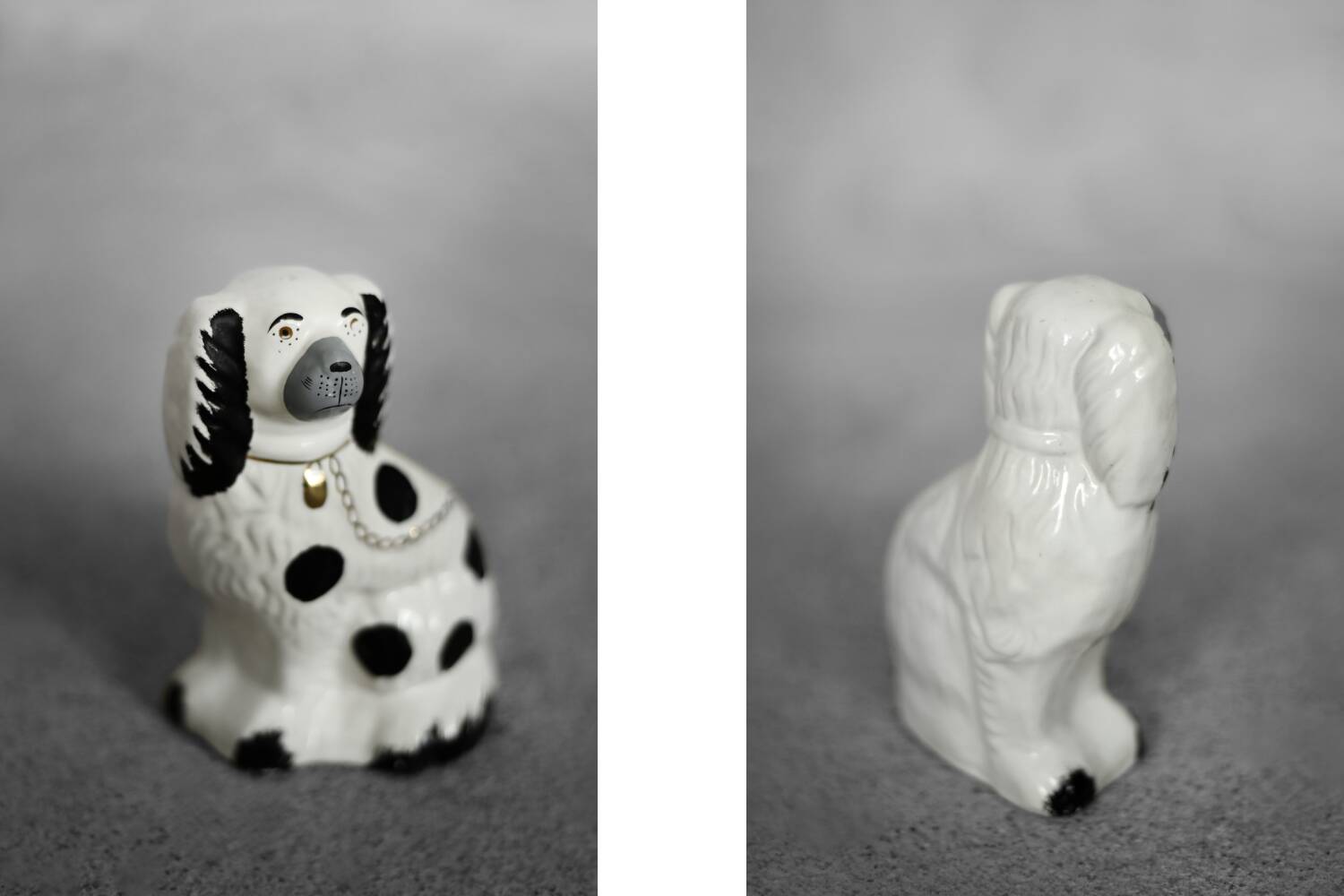 Vintage ceramic figurine from Staffordshire depicting a spaniel dog, England.
