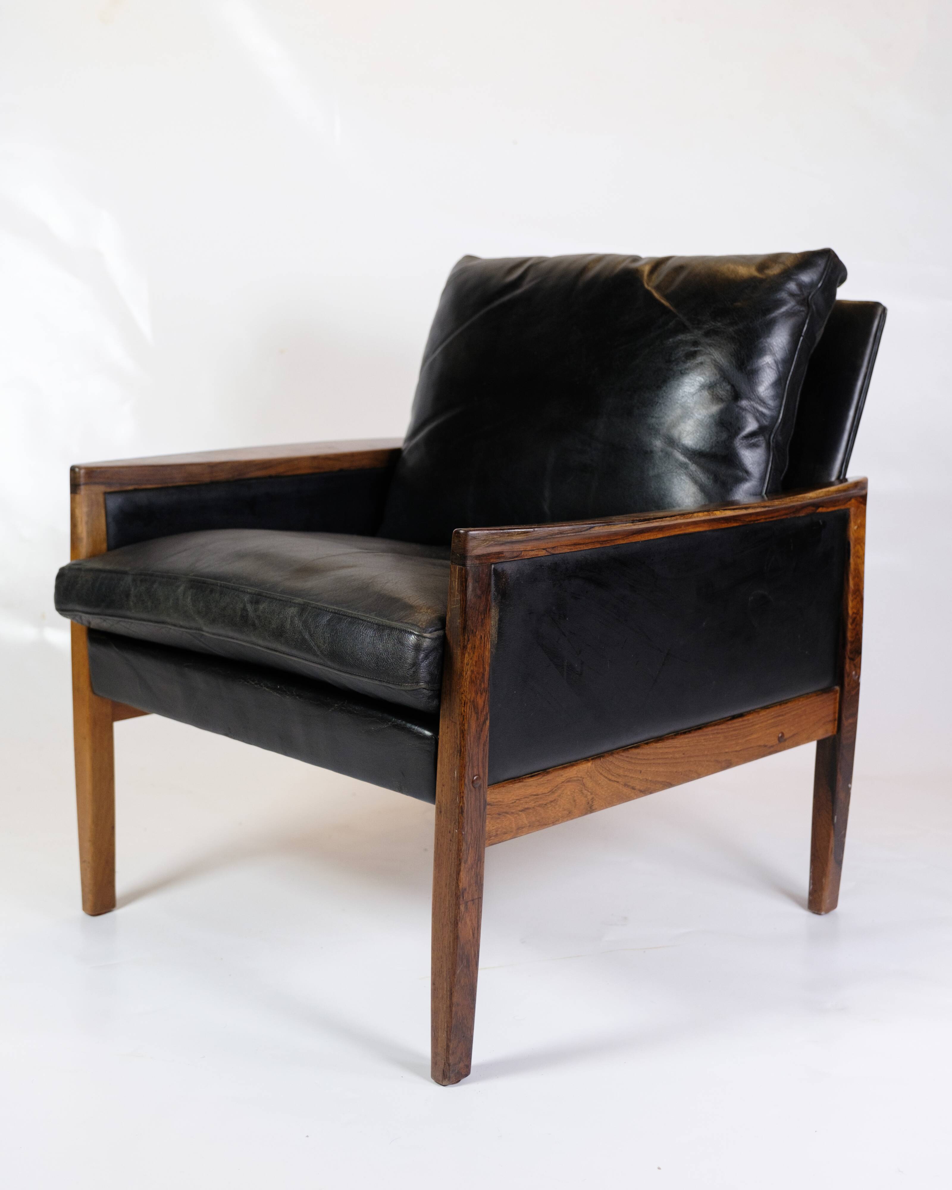 Armchair Made In Rosewood & Black Leather Cushions By Hans Olsen From 1960s