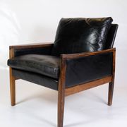 Armchair Made In Rosewood & Black Leather Cushions By Hans Olsen From 1960s