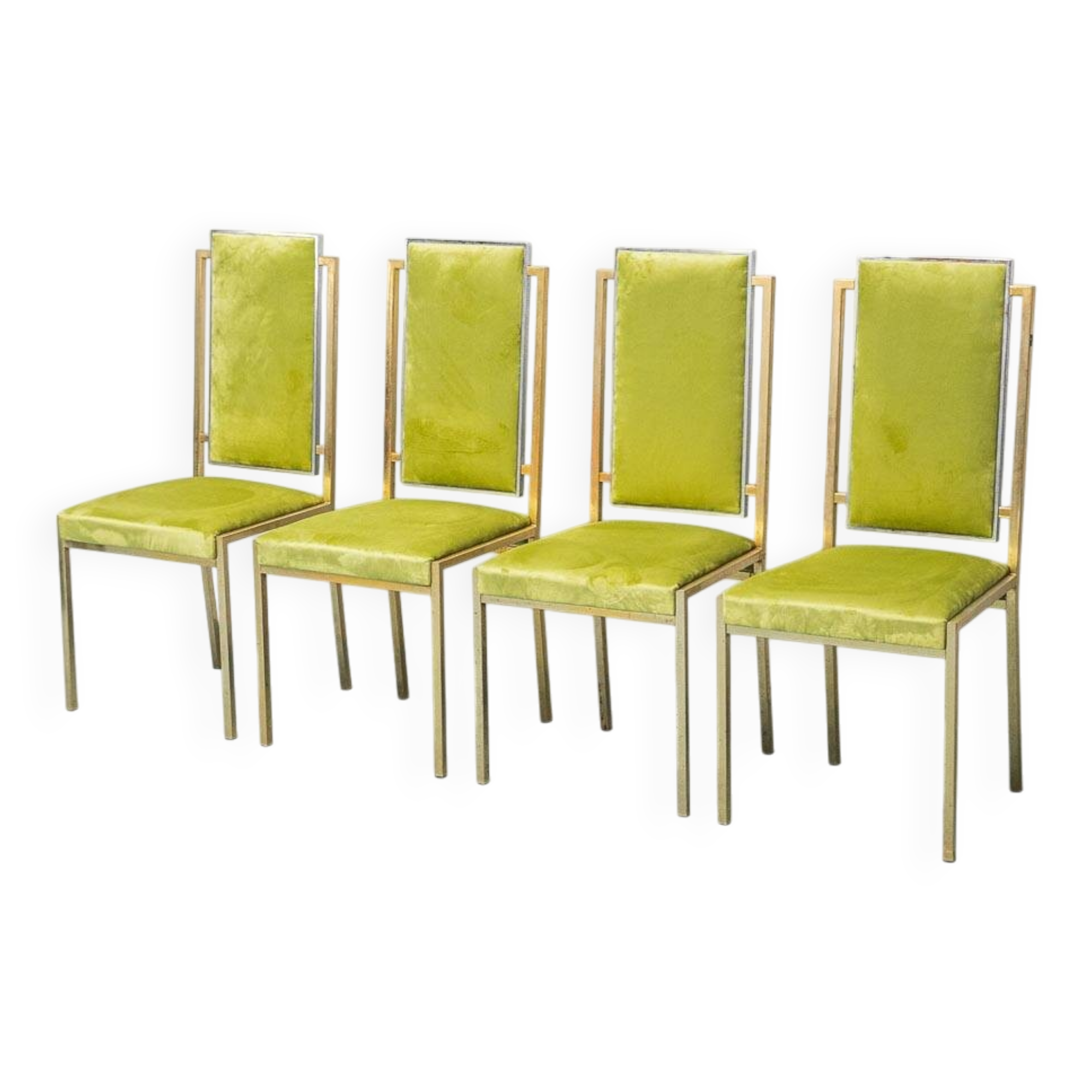Set of 4 vintage metal and green velvet chairs, 1970s modernist