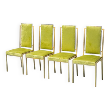 Set of 4 vintage metal and green velvet chairs, 1970s modernist