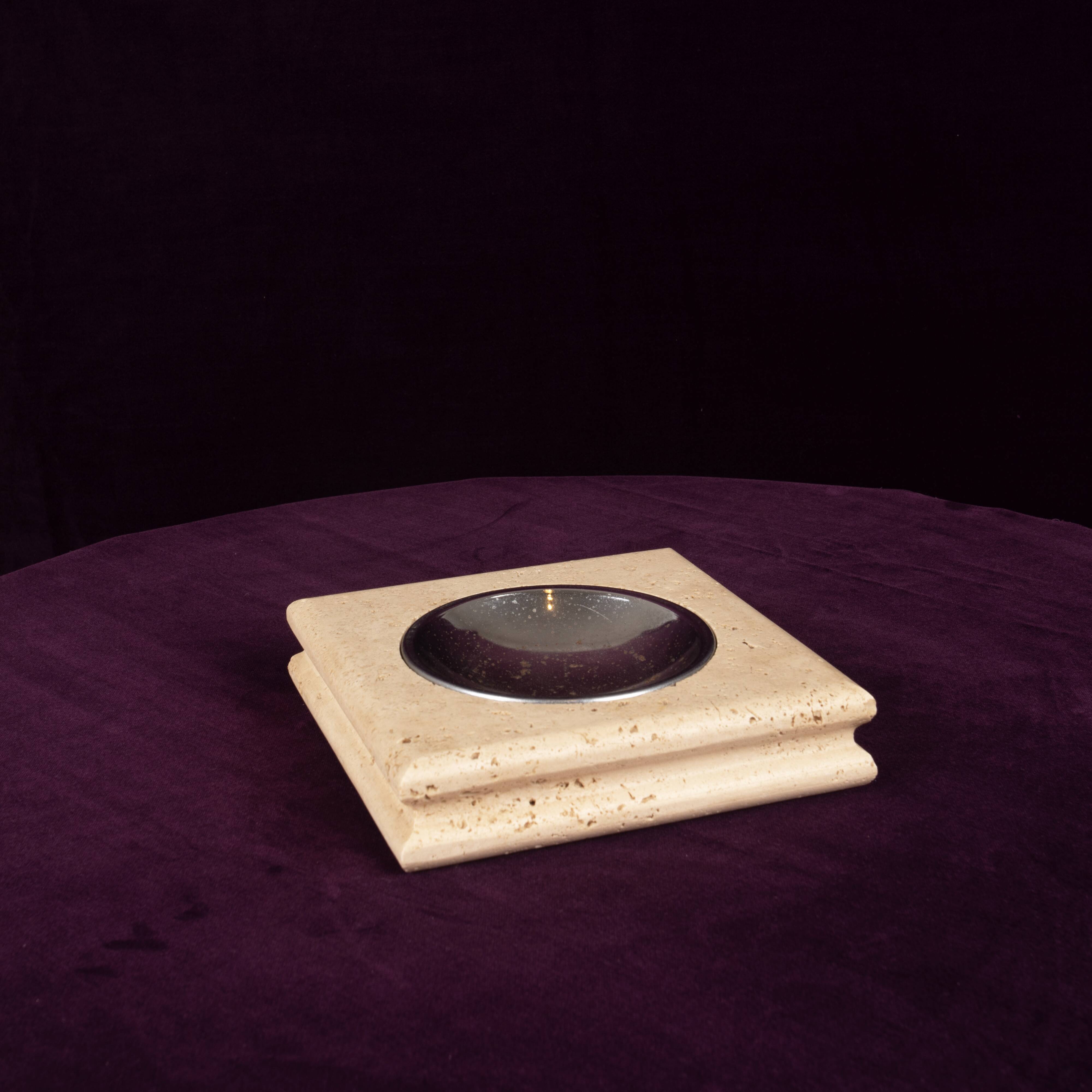 Square Italian Travertine Ashtray with Removable Metal Dish 1970