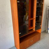 Showcase bookcase 70s solid wood and orange formica