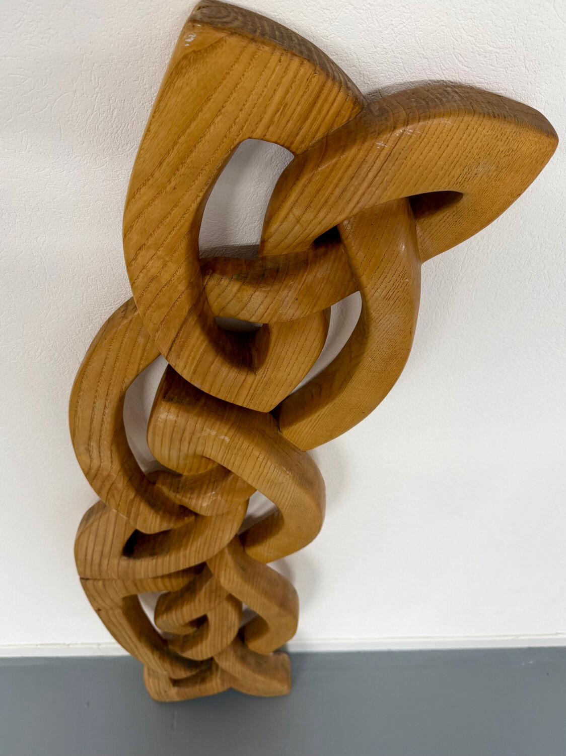 Twisted solid wood sculpture, vintage 1970s design.