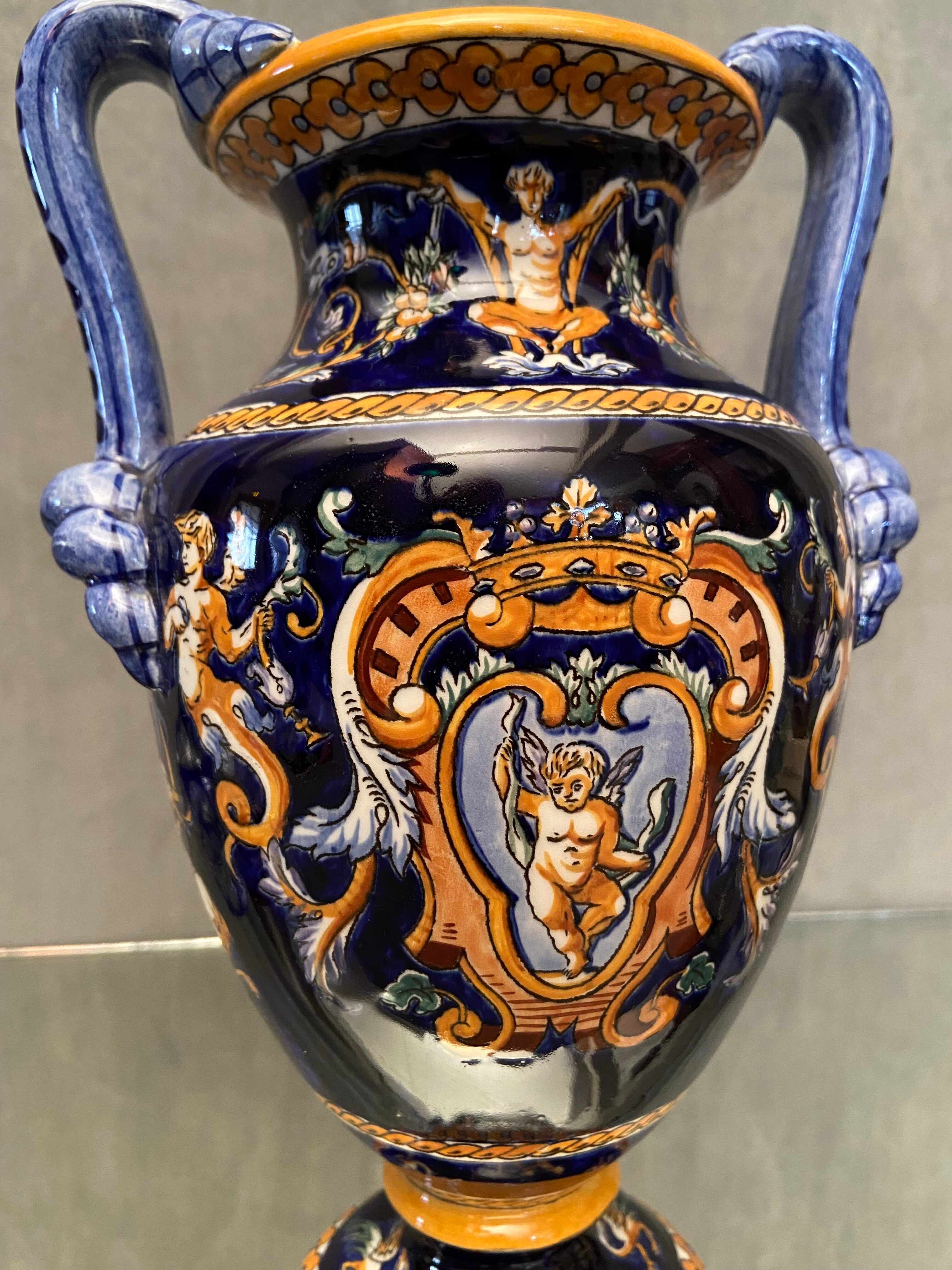 Vase on pedestal with handles in earthenware Gien Italian Renaissance decoration
