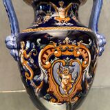 Vase on pedestal with handles in earthenware Gien Italian Renaissance decoration