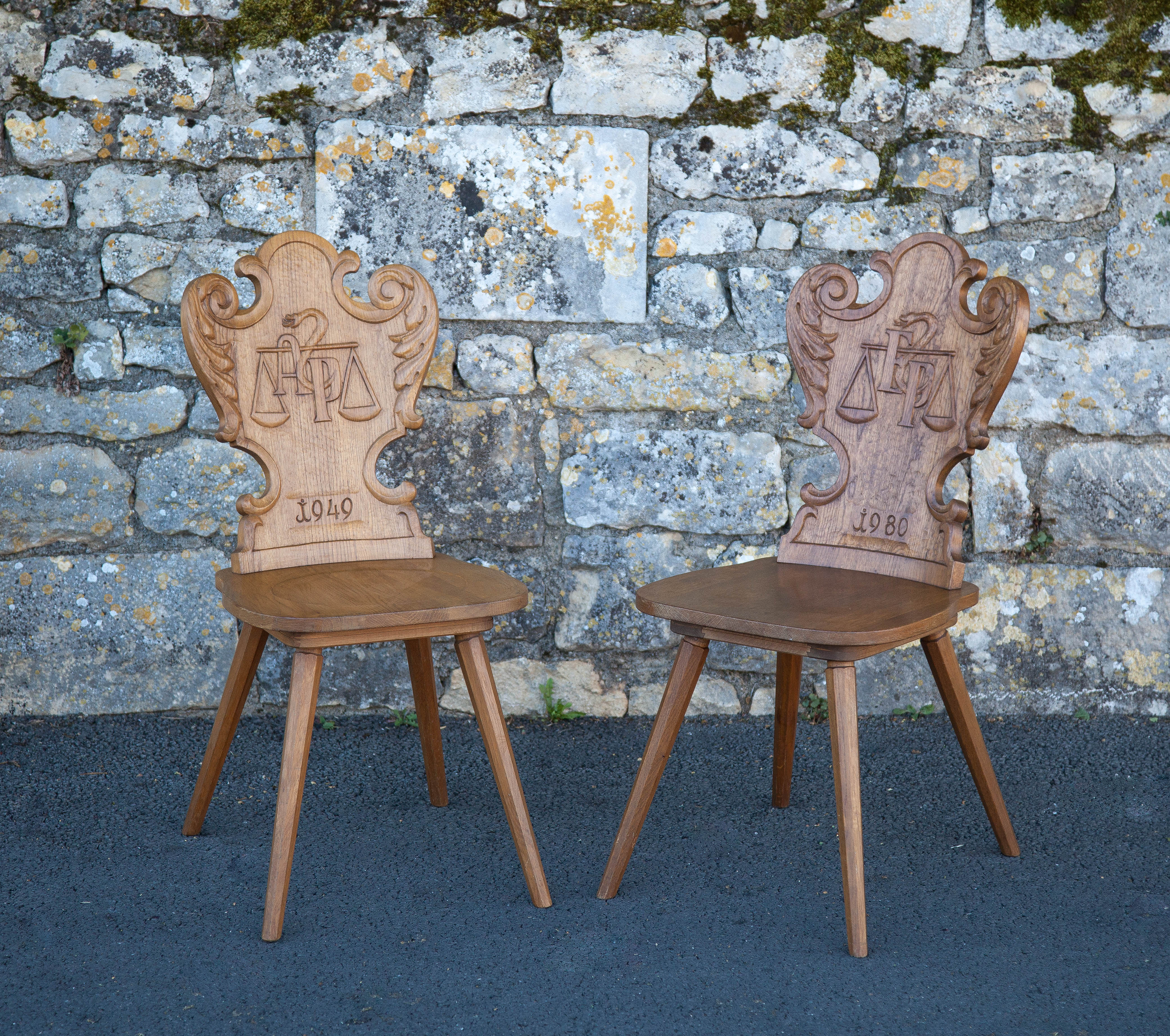 Set of 4 carved wooden stepladder chairs, pharmacy, brutalist, mountain style