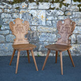 Set of 4 carved wooden stepladder chairs, pharmacy, brutalist, mountain style