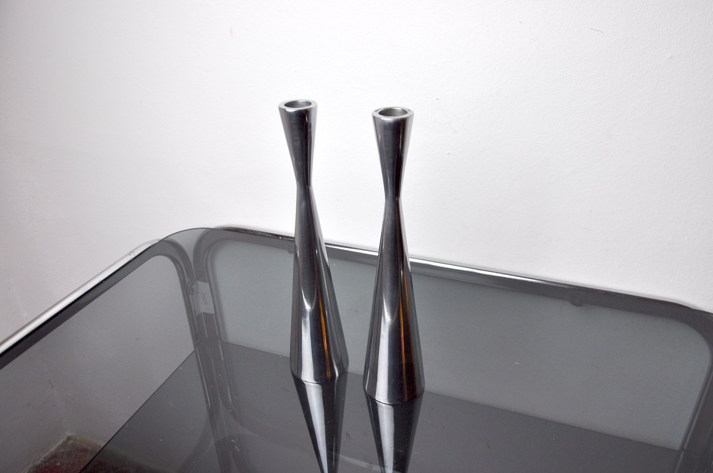 Pair of scandinavian diabolo candle holders, aluminum, sweden, 1970
