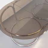 Large vintage modular oval dining table in smoked glass and chromed metal, Space Age style, 70s