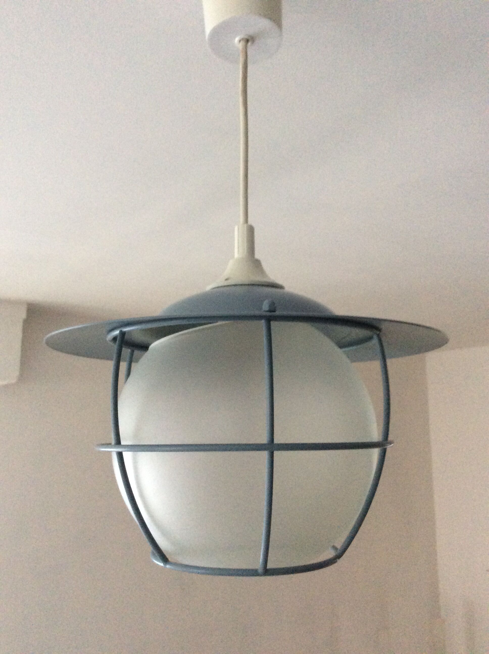 Suspension of the 70s cage in blue metal and frosted glass