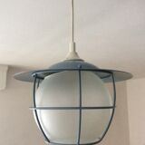 Suspension of the 70s cage in blue metal and frosted glass