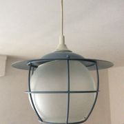 Suspension of the 70s cage in blue metal and frosted glass