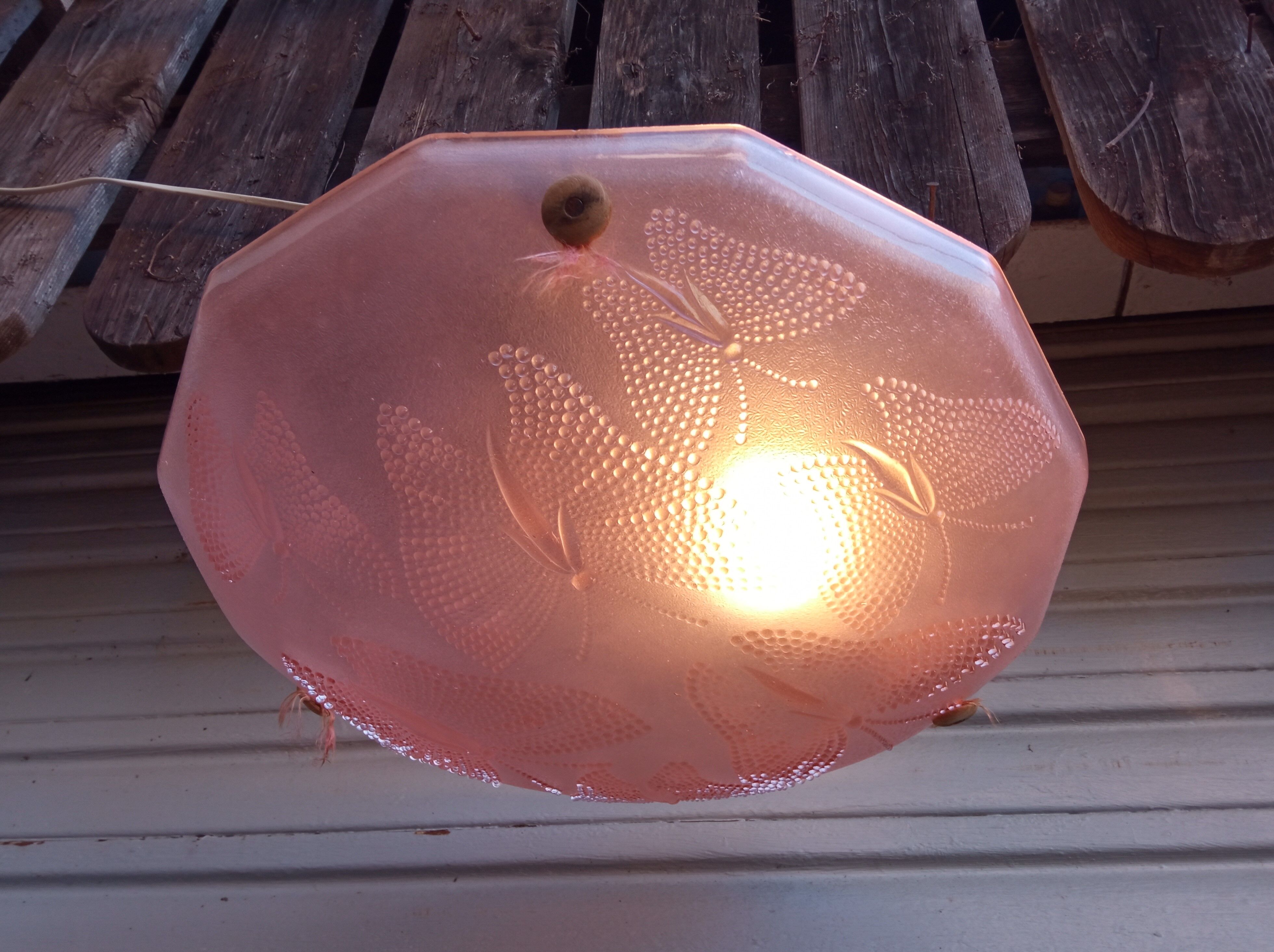 Art Deco ceiling lamp in pink pressed molded glass -