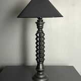 Brutalist wood turned ebonized table lamp in the style of Charles Dudouyt