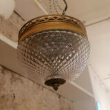 Pair of faceted glass ceiling lights and brass strapping, 1950.