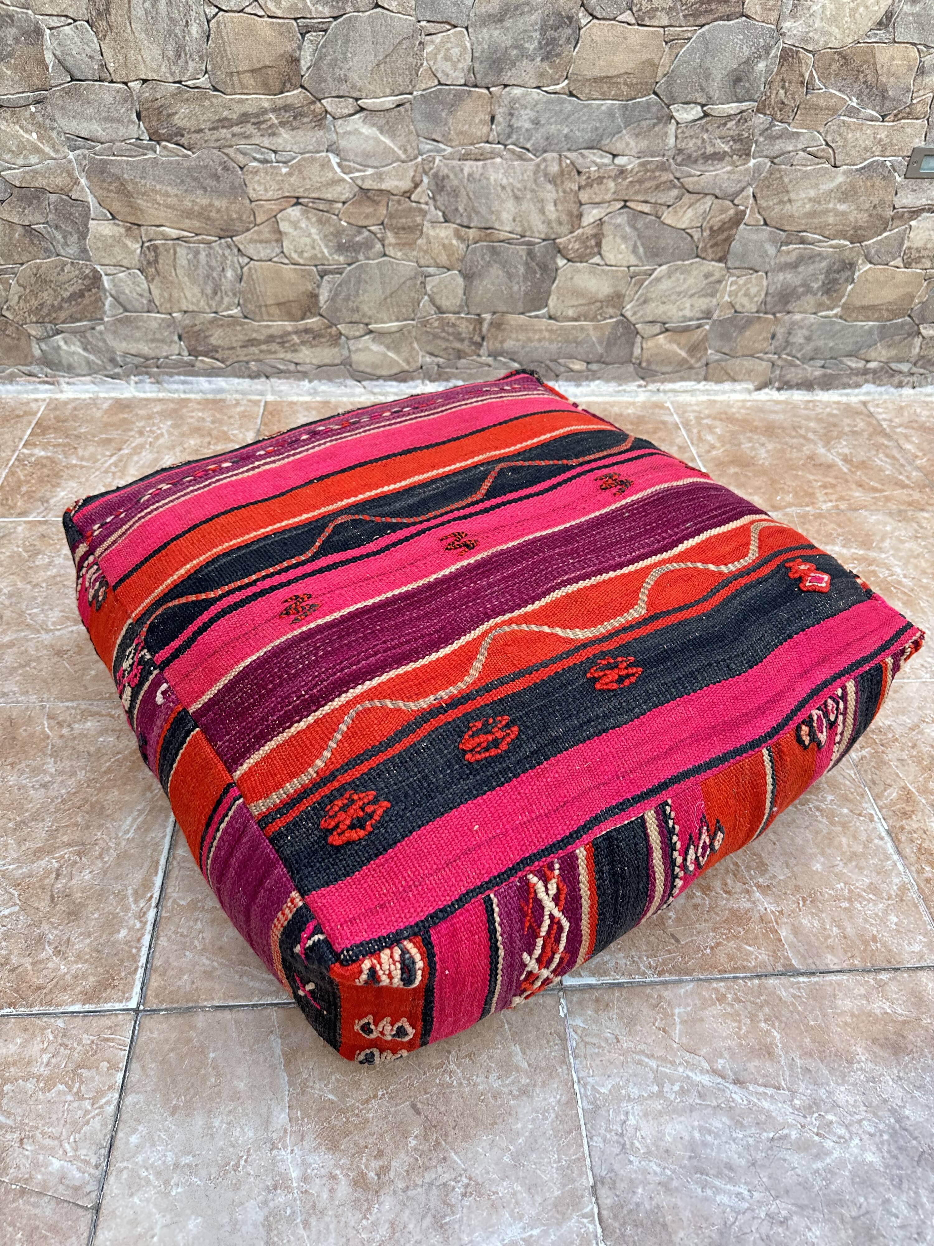 Vintage handmade Berber Kilim pouf, Moroccan floor cushion.