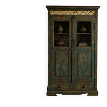 Cabinet en bois chinois ancien avec décorations florales peintes à la main