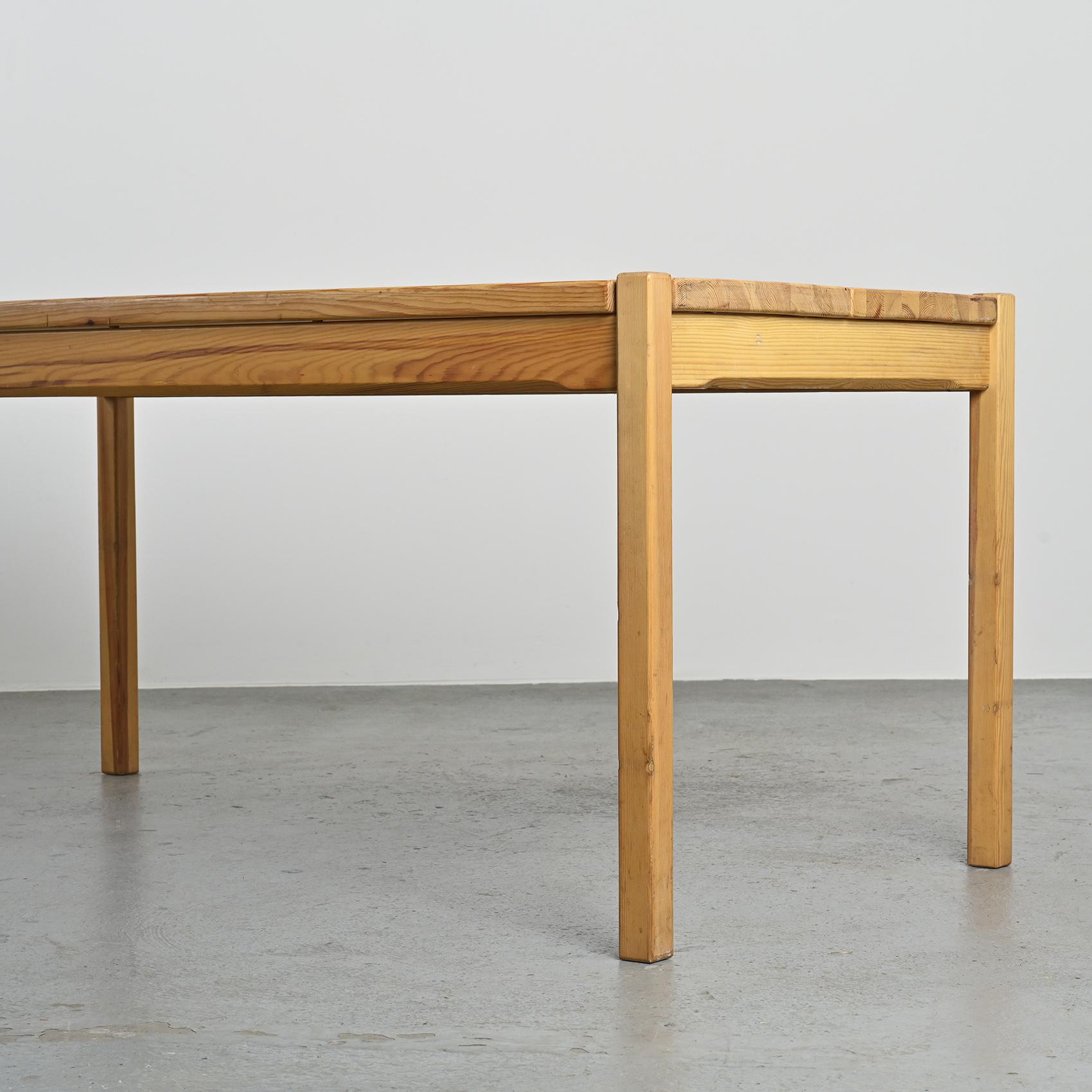 Table and two benches set in solid elm, France, circa 1980