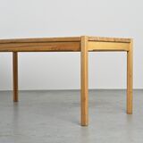 Table and two benches set in solid elm, France, circa 1980