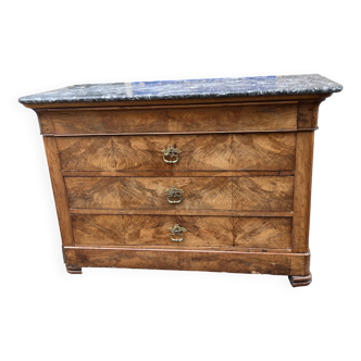 Commode Louis Philippe en ronce de noyer et marbre gris