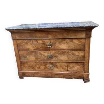 Louis Philippe chest of drawers in burr walnut and gray marble