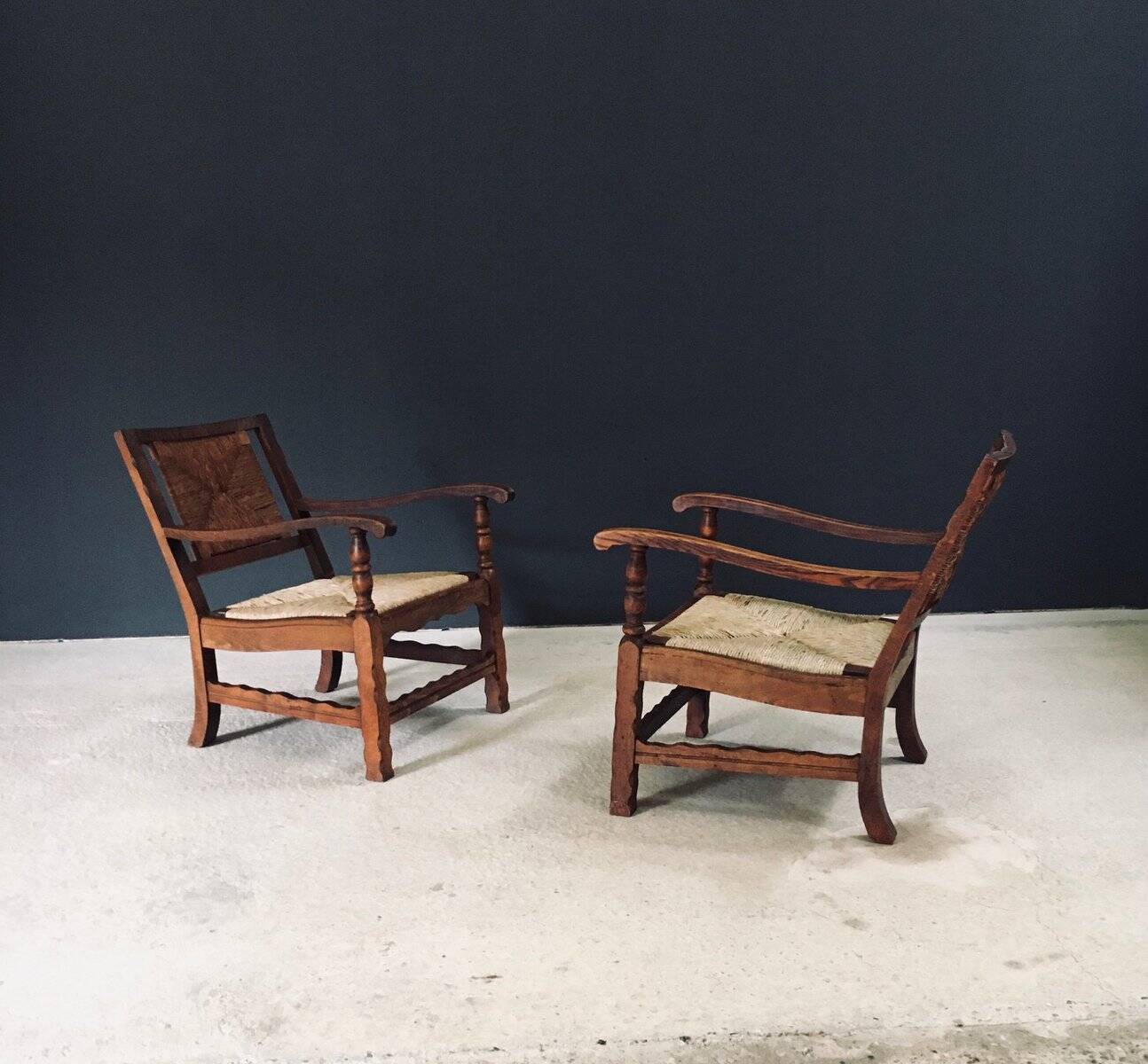 Arts & Crafts Handcrafted Low Lounge Armchairs, Belgium, 1920s, Set of 2