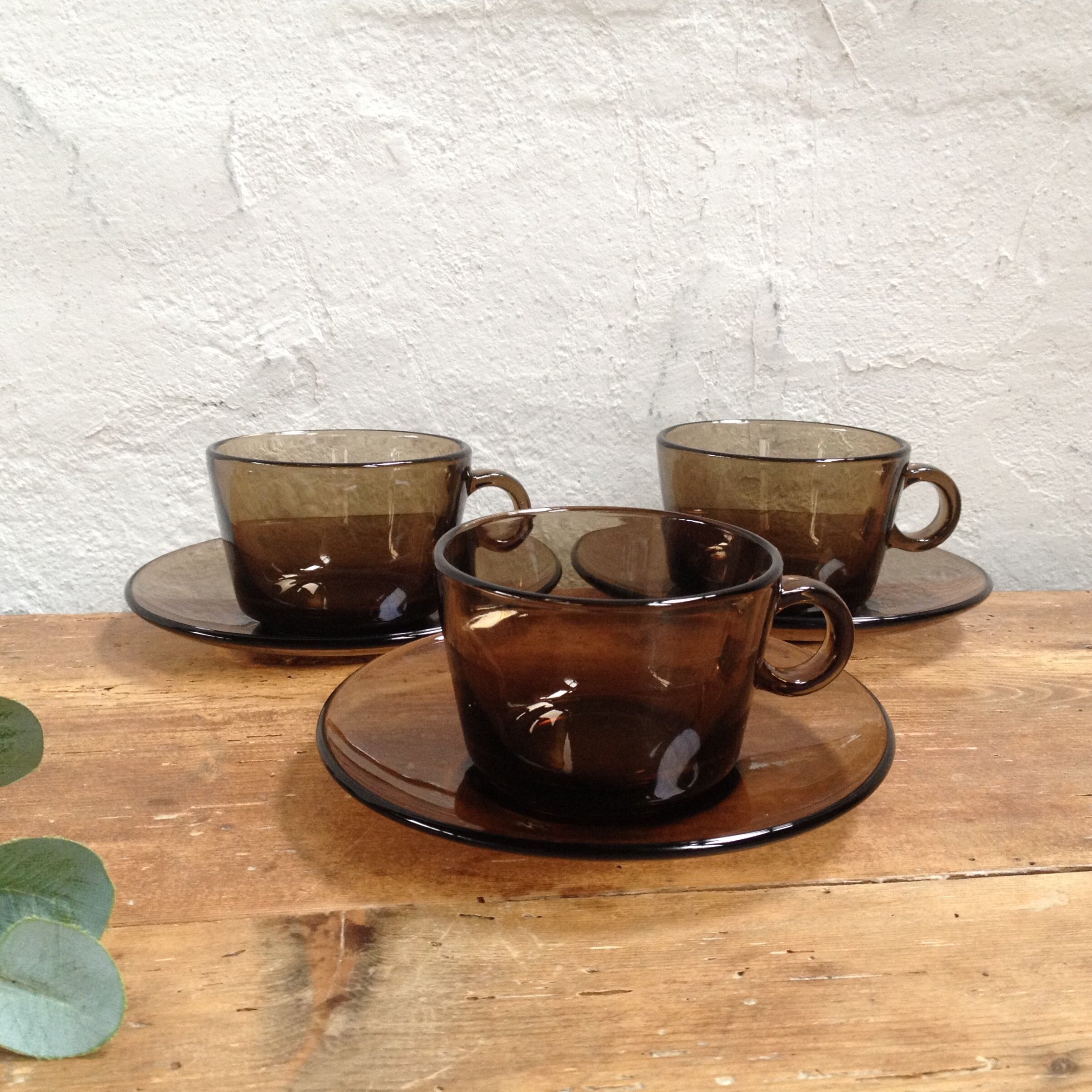 Six smoked glass coffee cups