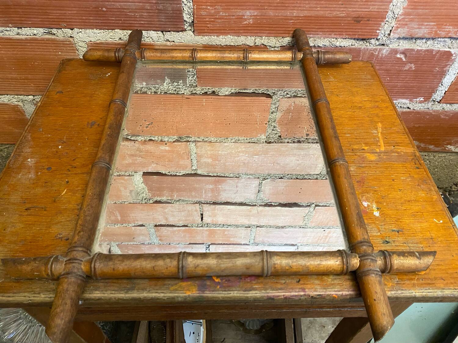 Antique mercury mirror with wooden frame and bamboo style vintage