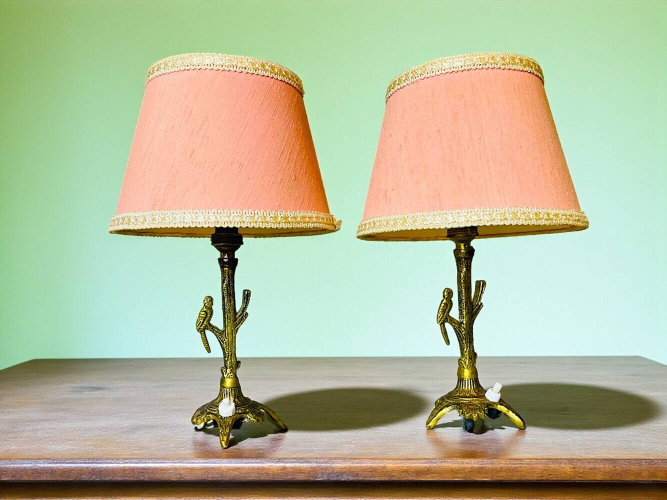 Pair rustic brass bird table lamps with pink lampshades