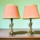 Pair rustic brass bird table lamps with pink lampshades