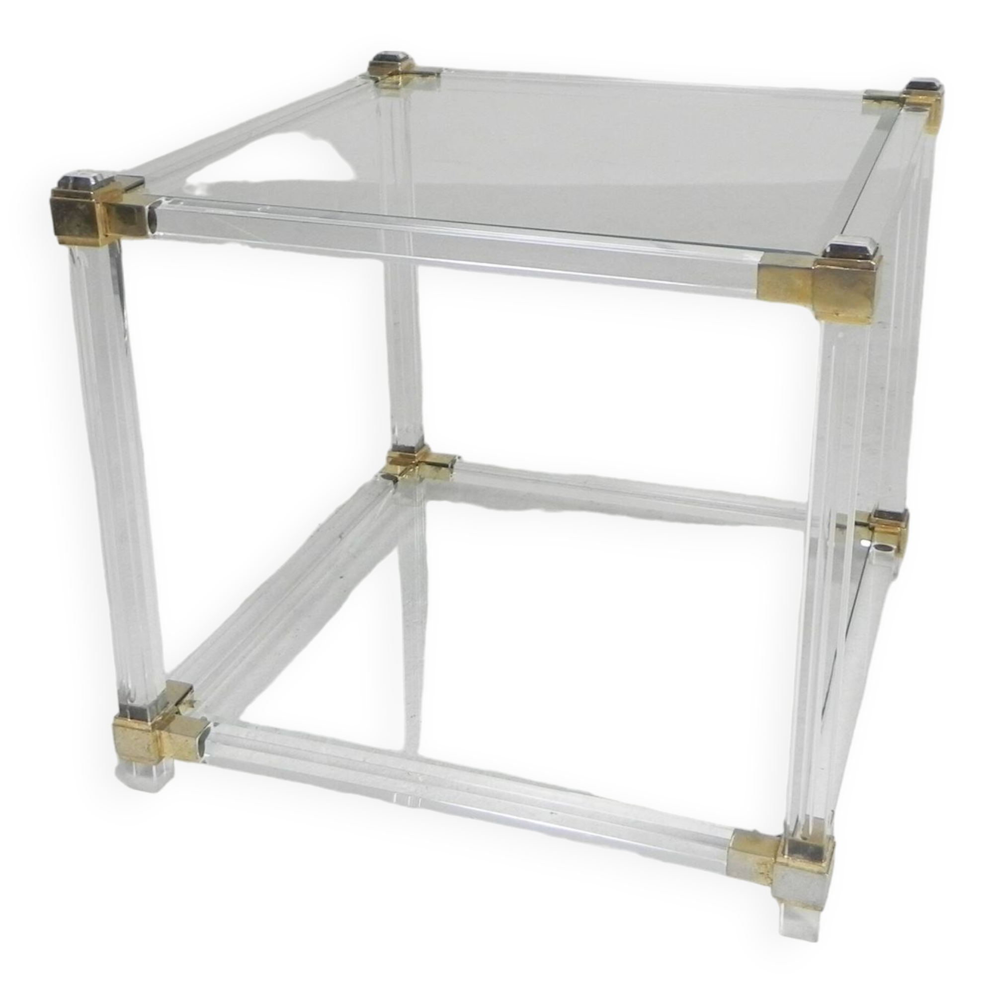 Hollywood Regency coffee table plexiglass, glass, brass, 1970s