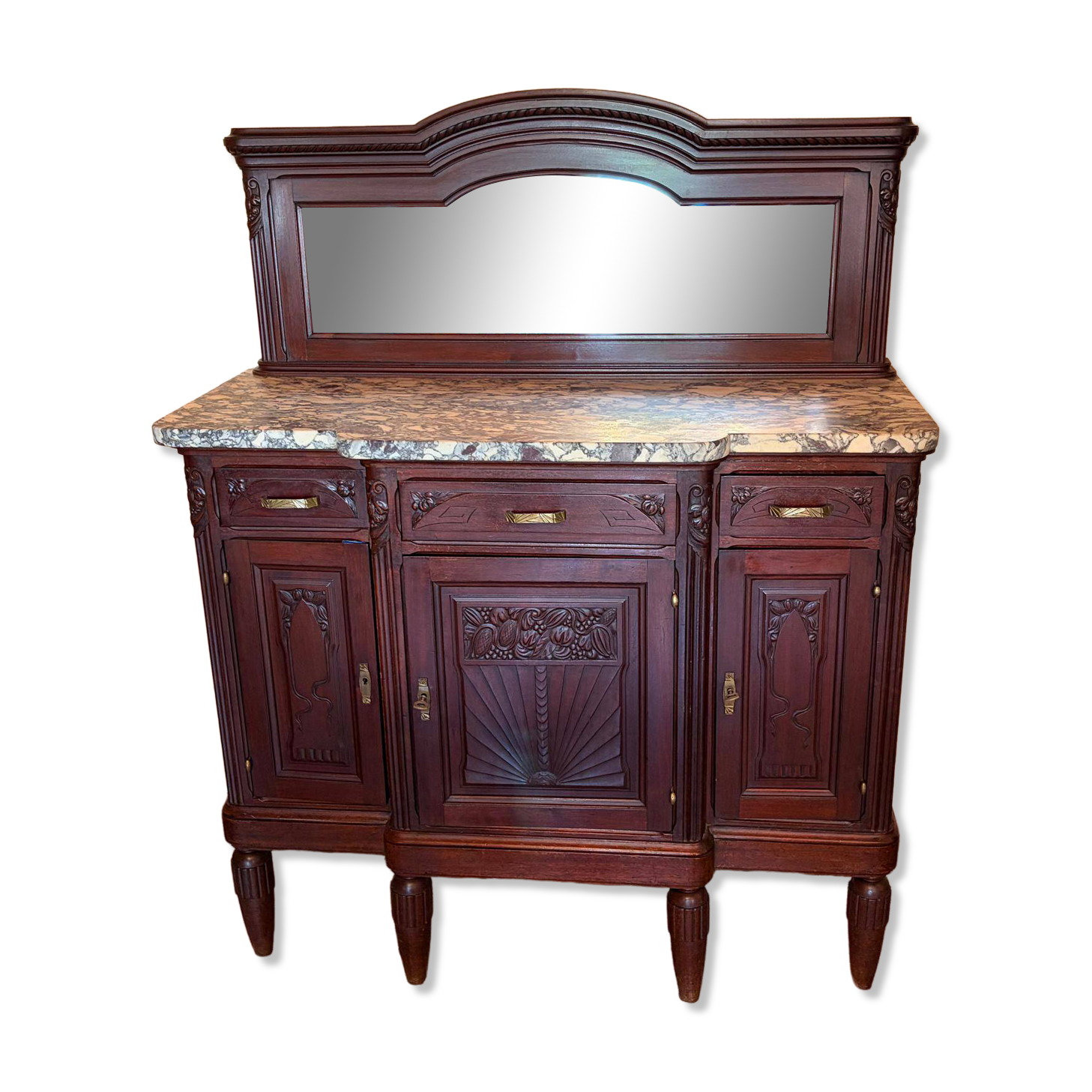 Buffet Art déco en bois, miroir et marbre