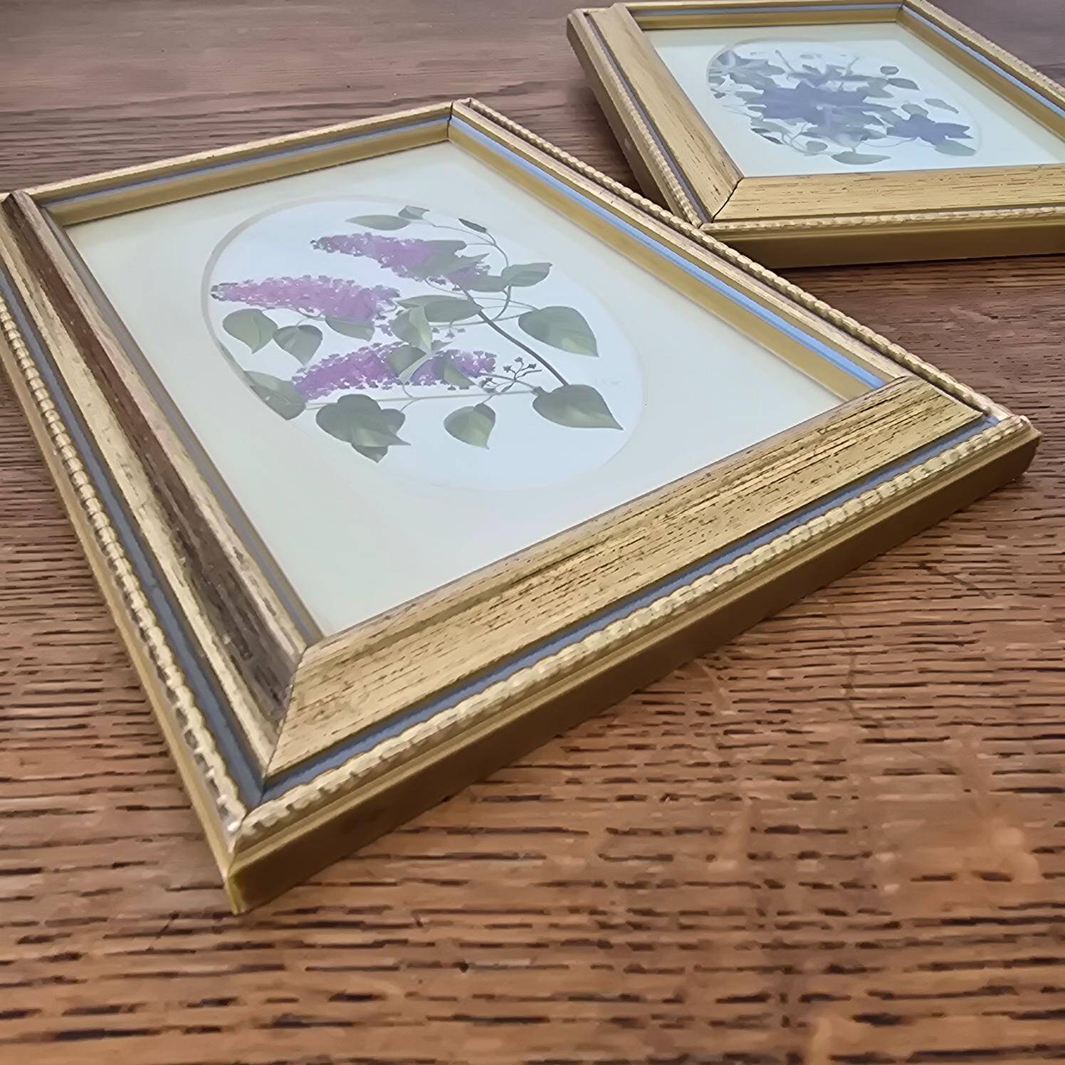 Set of 2 gilded frames under glass – V. Mappin purple flowers – 21.5 x 16.5 cm