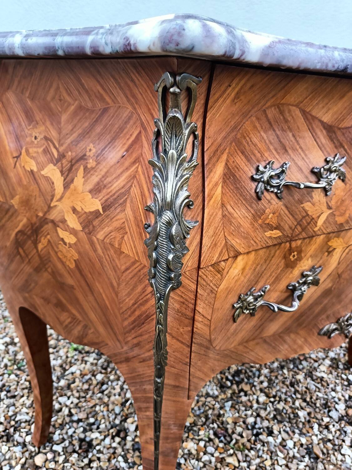 Old marquetry chest of drawers, Louis XV style marble top