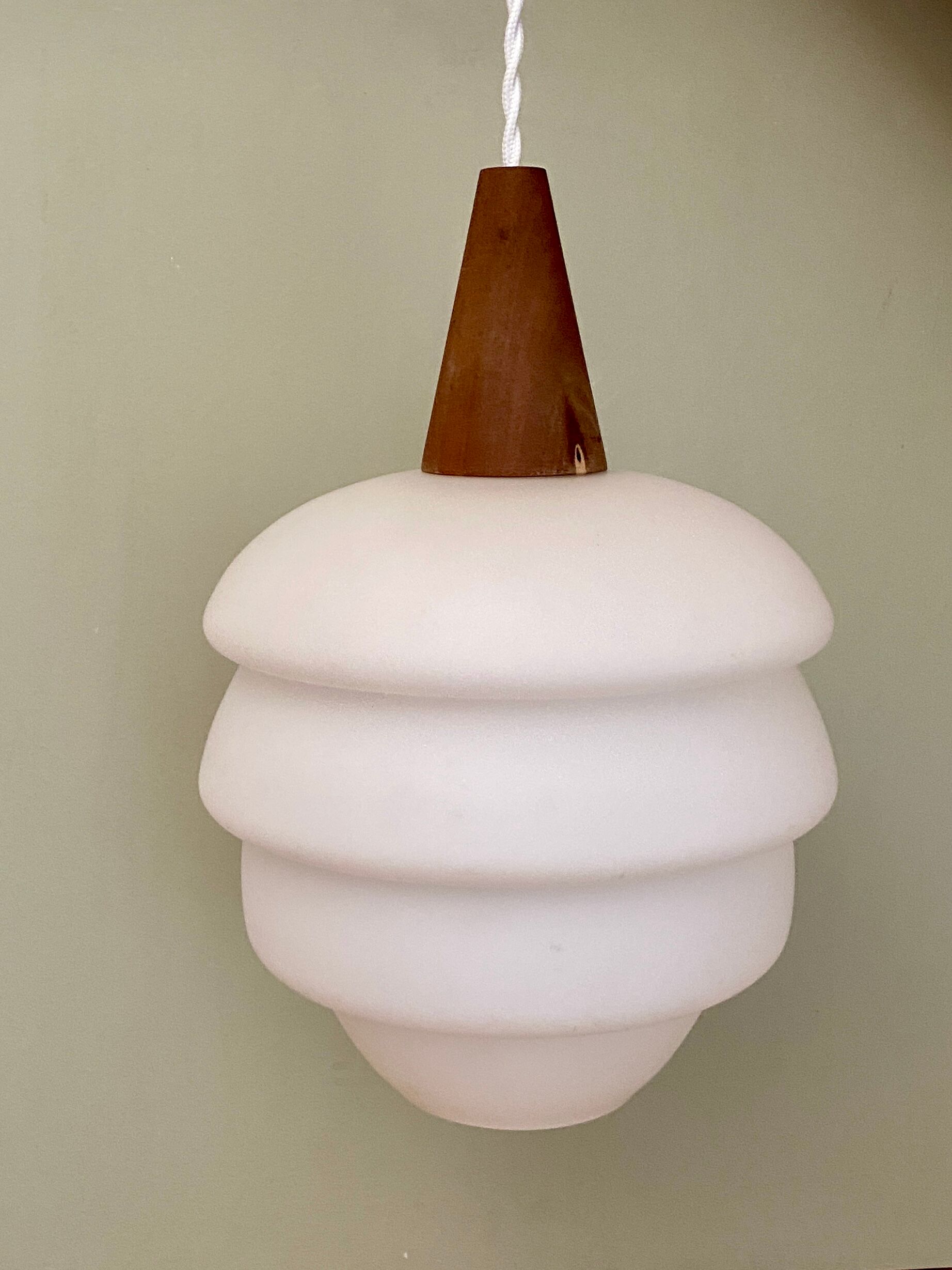 Vintage Scandinavian pendant lamp in teak and opaline